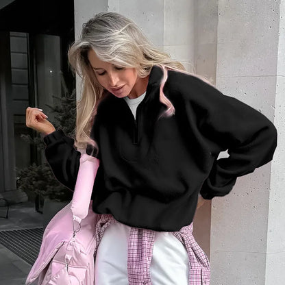 Damska bluza z polaru z kołnierzem typu stojak i zamkiem, luźna sweatshirt