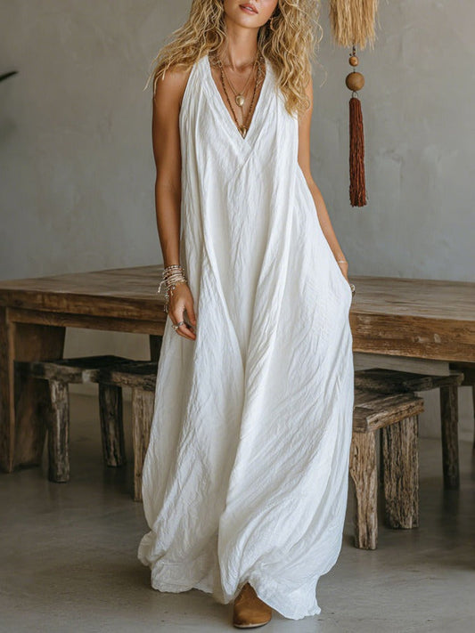 Zwiewna elegancka sukienka maxi bez rękawów z dekoltem w serek