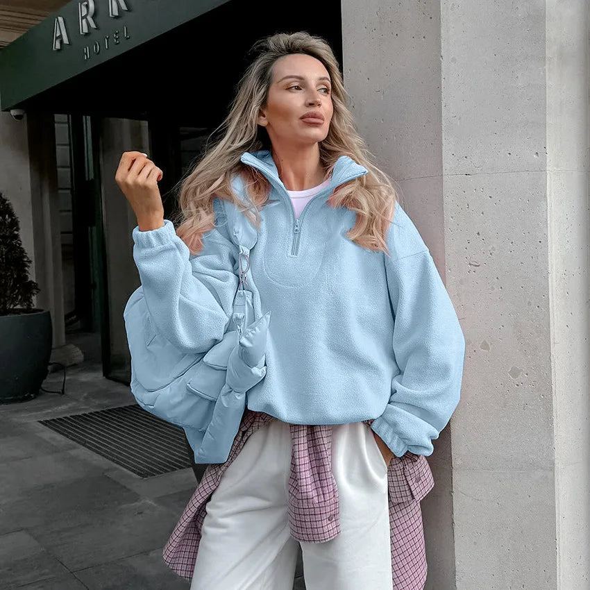 Damska bluza z polaru z kołnierzem typu stojak i zamkiem, luźna sweatshirt