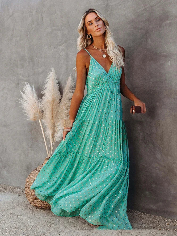 Boho chic zielona długa letnia sukienka
