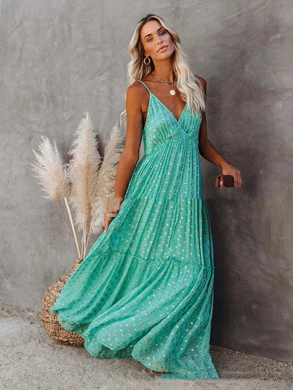 Boho chic zielona długa letnia sukienka
