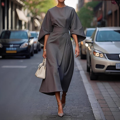 Élise - Sukienka elegancka z rękawami latarnianymi i paskiem dla kobiet