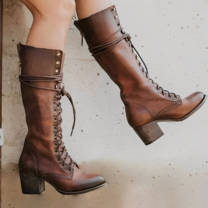 Ludivine - Buty z wysokimi sznurowanymi cholewkami i kwadratowymi obcasami dla kobiet