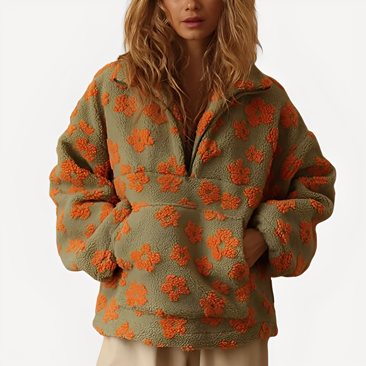 Elizabeth - Stylowy Sherpa-Pulower z Kwiatowym Wzorem dla Kobiet