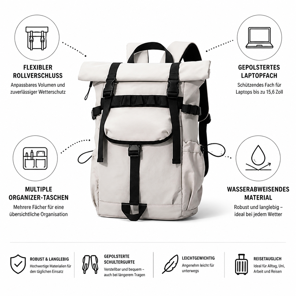 Widok boczny plecaka rolltop z regulowanymi szelkami