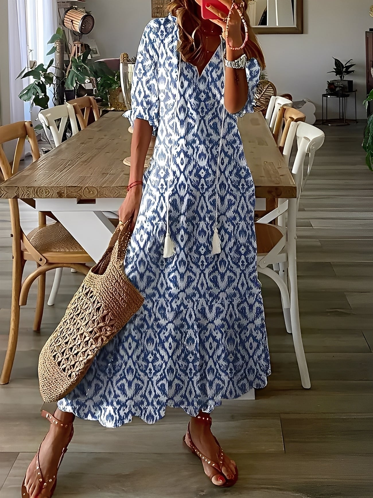 Domitille - Sukienka elegancka z dekoltem V luźna dla kobiet