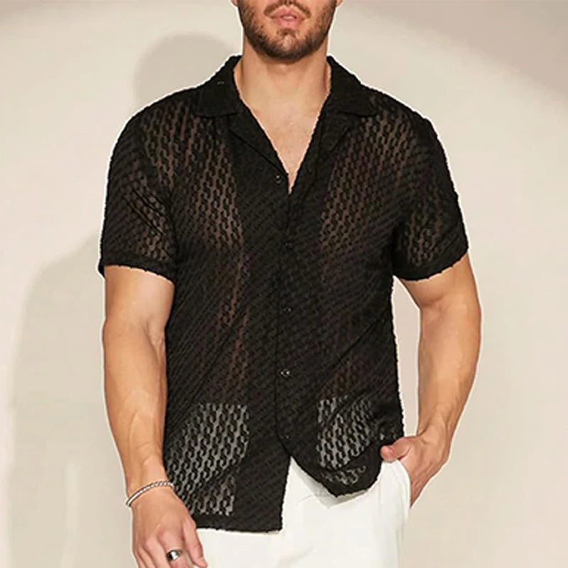 Męska siateczkowa koszula slim fit z krótkim rękawem czarna