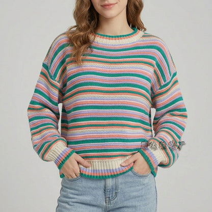 Damski Sweter Dzianinowy W Paski O Luźnym Fasonie