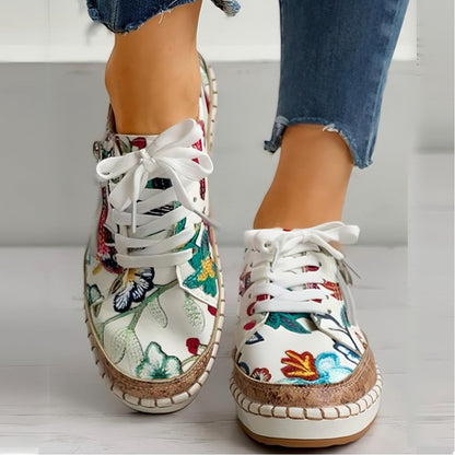 Damskie skórzane sneakersy na platformie z kwiatowym wzorem, ortopedyczne, komfortowe