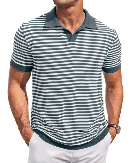 Męski T shirt polo color block w paski, widok z tyłu