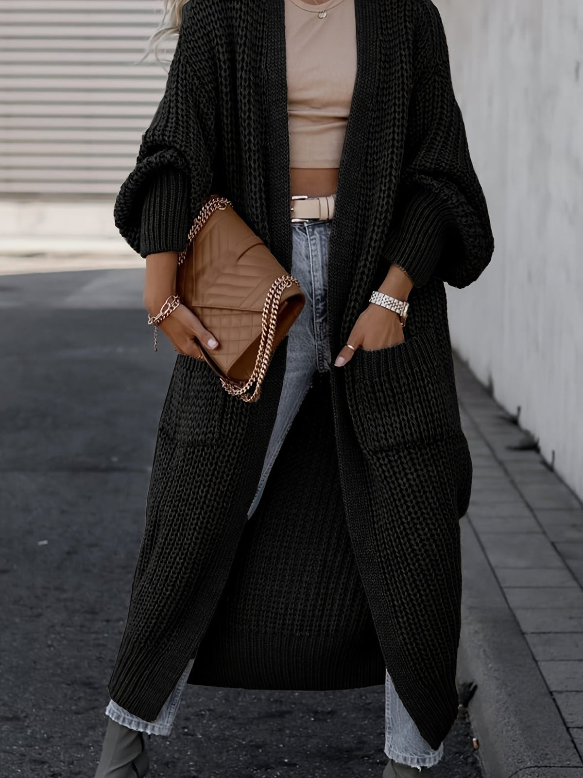 Kardigan maxi z kieszeniami do stylizacji casualowych