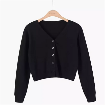 Krótki sweter damski z dzianiny z dekoltem w serek