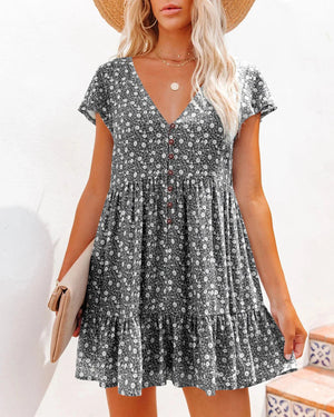 Letnia sukienka damska w kwiaty z dekoltem w serek, rozkloszowana, boho, mini