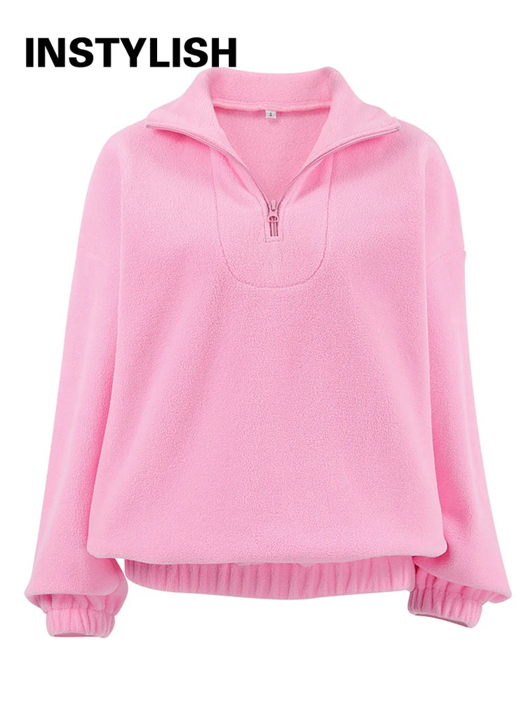 Damska bluza z polaru z kołnierzem typu stojak i zamkiem, luźna sweatshirt