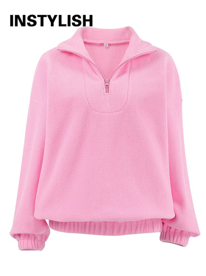 Damska bluza z polaru z kołnierzem typu stojak i zamkiem, luźna sweatshirt