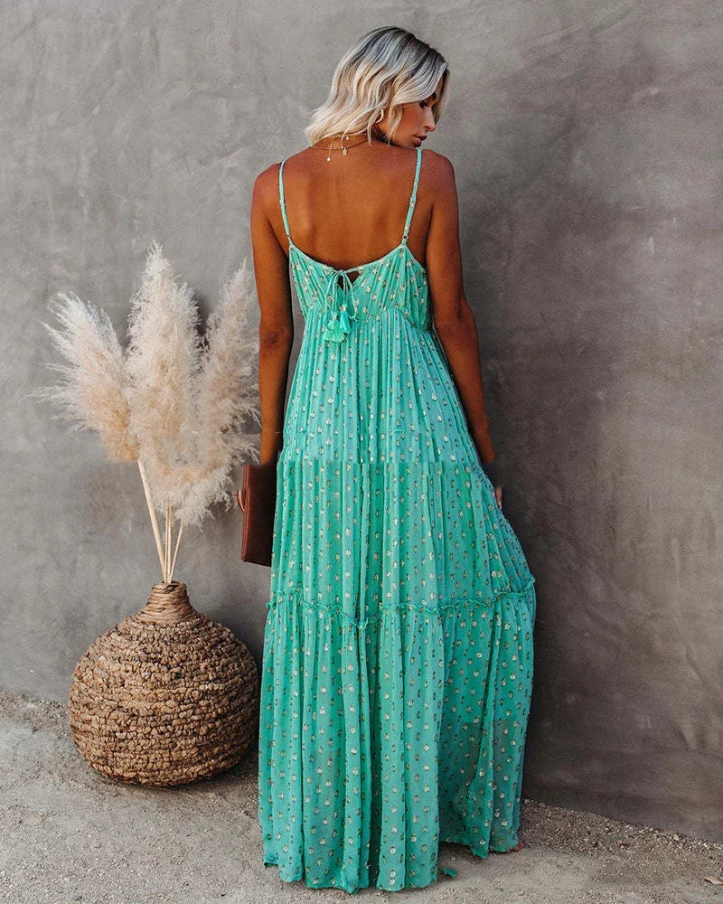 Boho chic zielona długa letnia sukienka