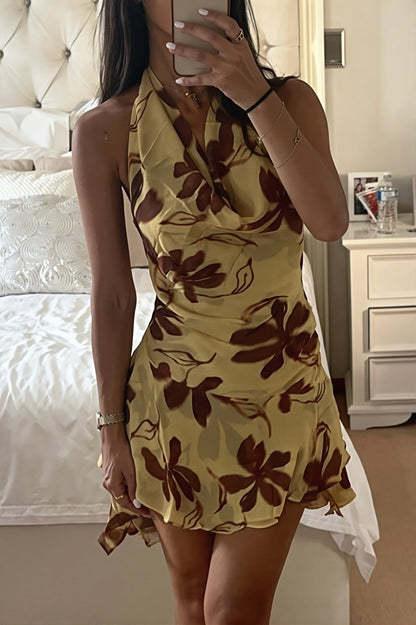Damska sukienka mini halter w kwiaty widok z boku