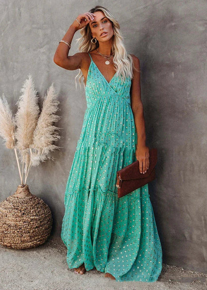 Boho chic zielona długa letnia sukienka