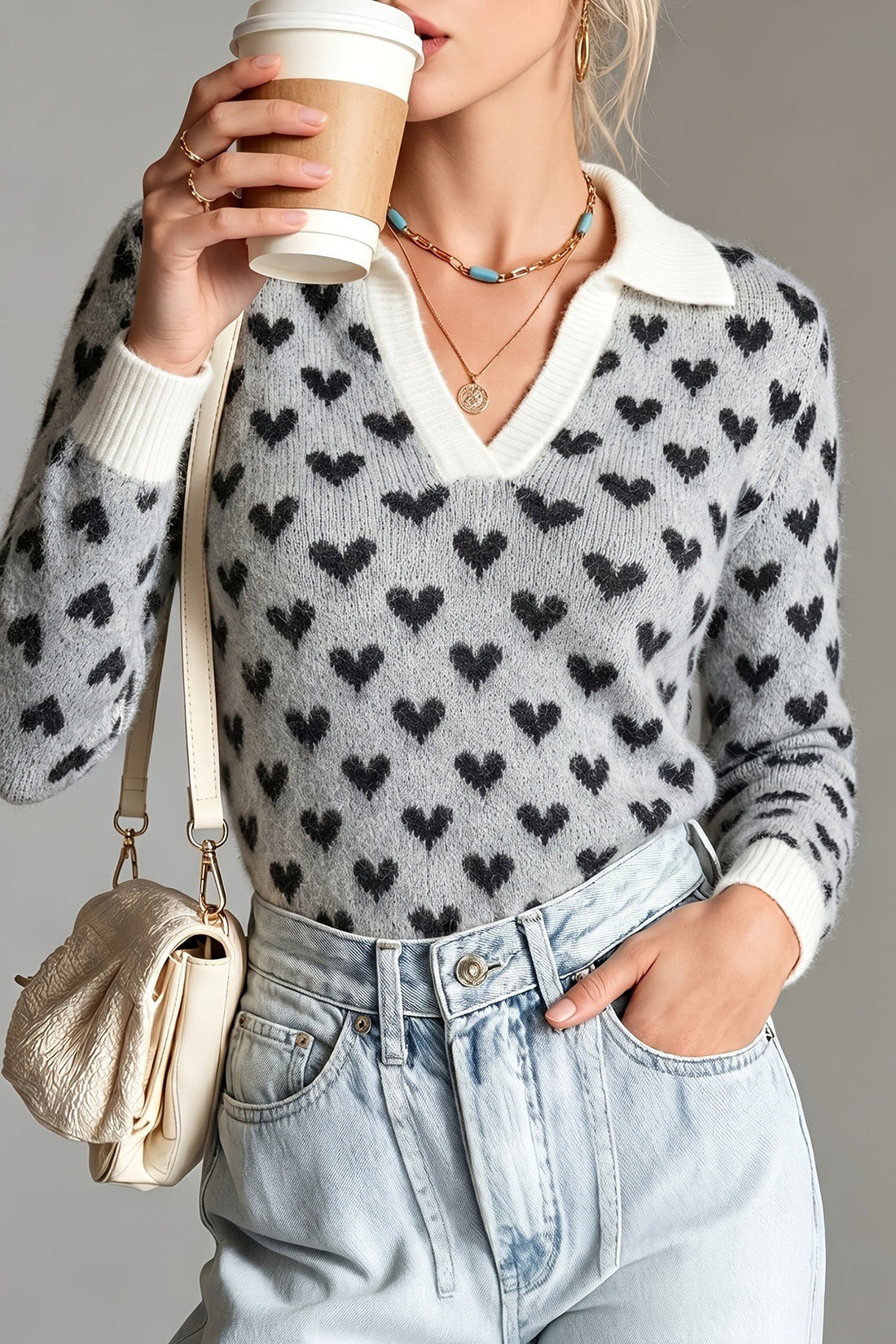 Damski sweter dzianinowy w serca pokazany z boku