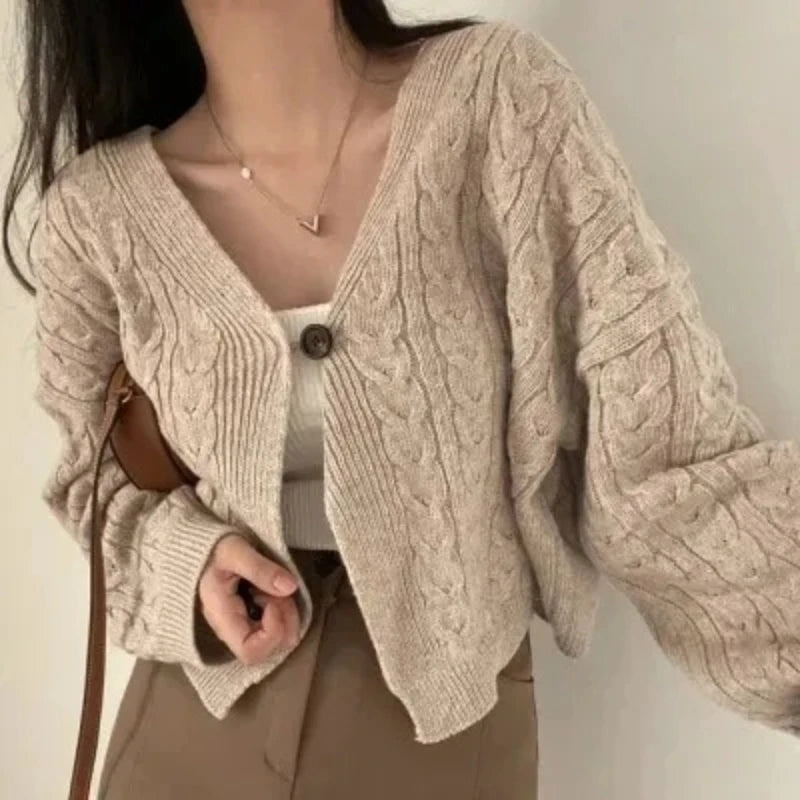 Damski vintage sweter z dzianiny warkoczowej z dekoltem w serek, luźny kardigan z dzianiny