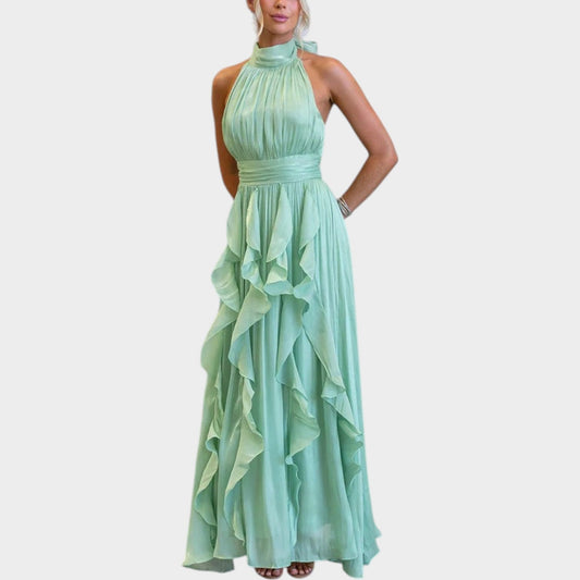 Elegancka sukienka maxi z falbanami i wiązaniem na szyi typu halter