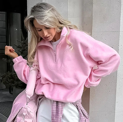 Damska bluza z polaru z kołnierzem typu stojak i zamkiem, luźna sweatshirt