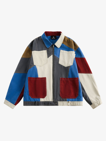 Oversize kurtka patchworkowa w stylu workwear na jasnym tle