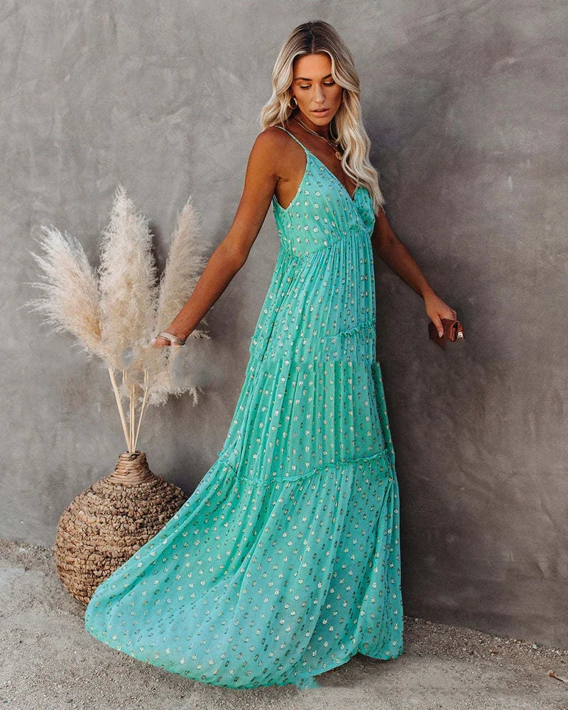 Boho chic zielona długa letnia sukienka
