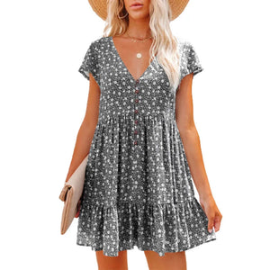 Letnia sukienka damska w kwiaty z dekoltem w serek, rozkloszowana, boho, mini