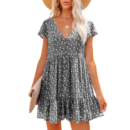 Letnia sukienka damska w kwiaty z dekoltem w serek, rozkloszowana, boho, mini