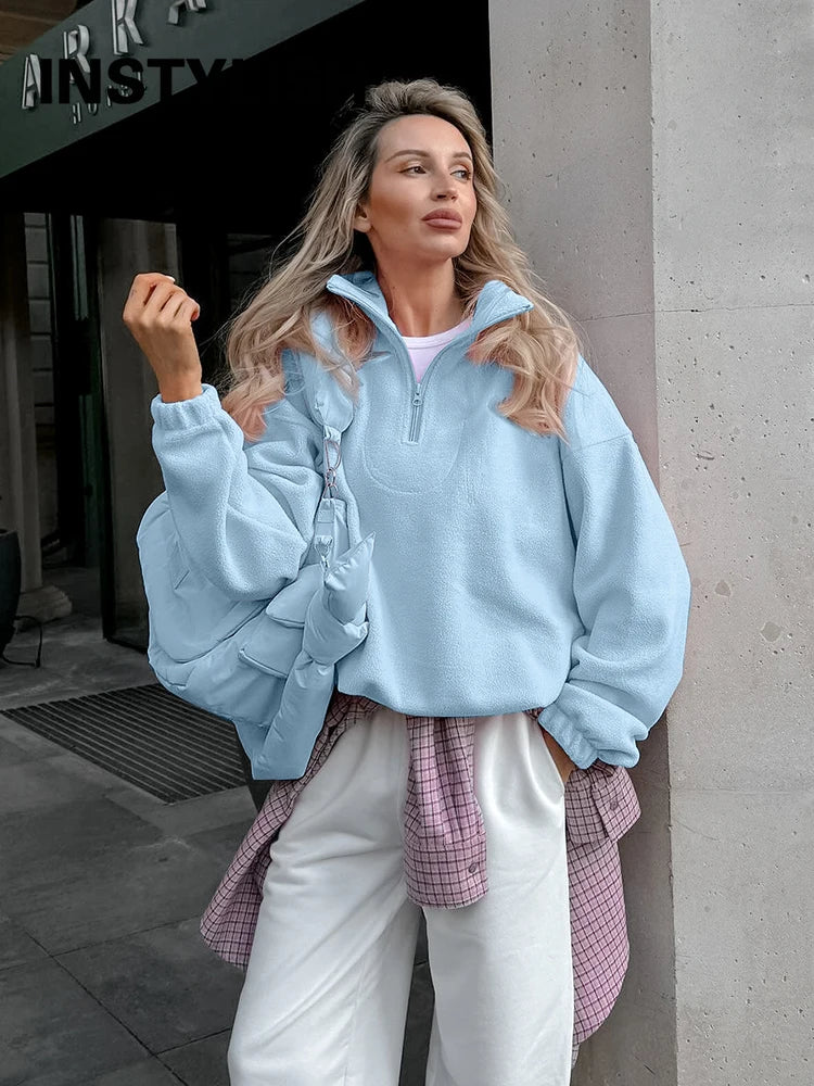 Damska bluza z polaru z kołnierzem typu stojak i zamkiem, luźna sweatshirt