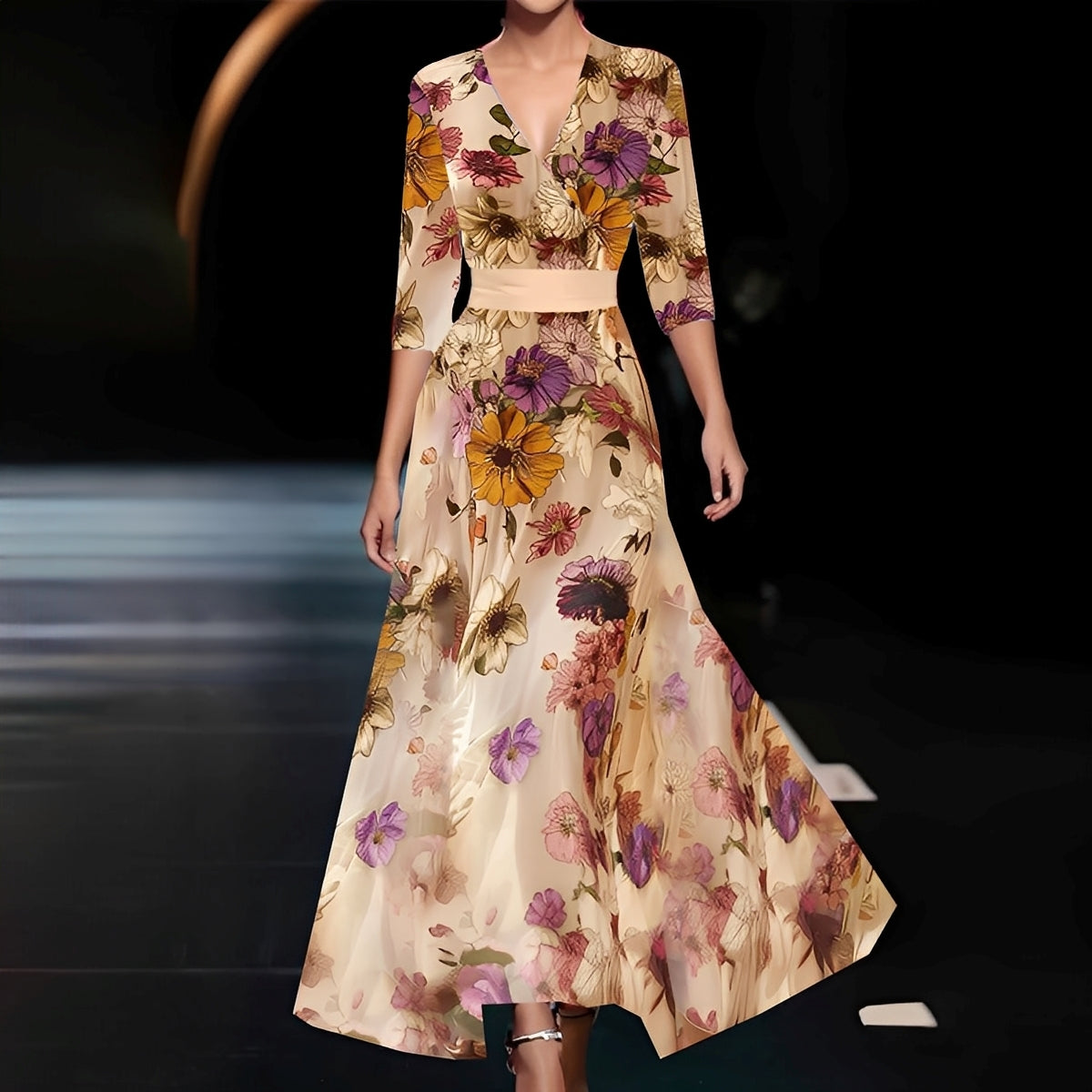 Débora - Suknia długa elegancka w kwiatowy wzór dla kobiet