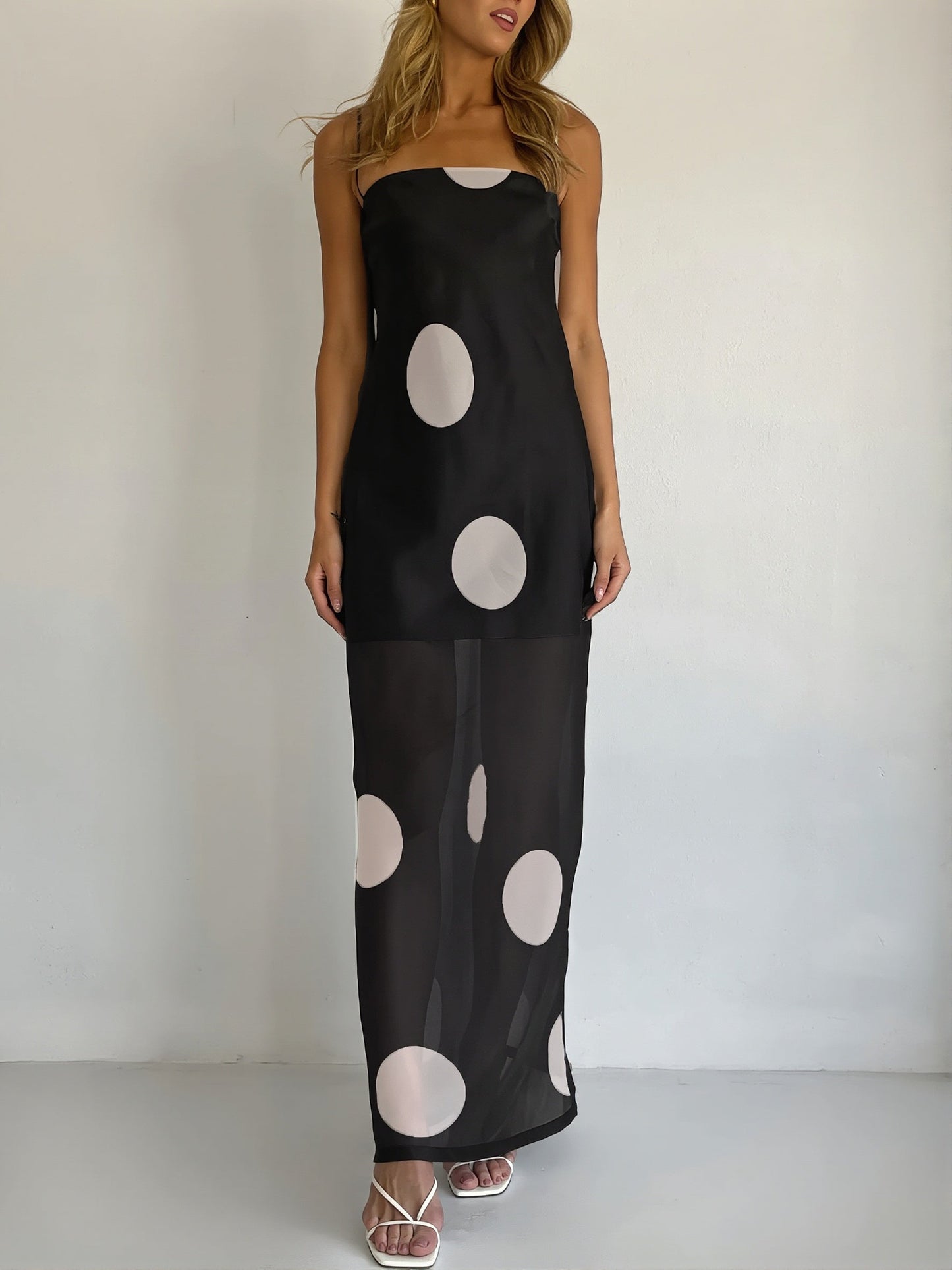 Damska Sukienka Maxi W Groszki Bez Ramiączek