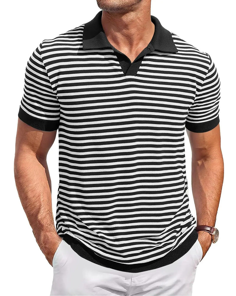 Męska koszulka polo casual w paski z kołnierzykiem, ujęcie z boku