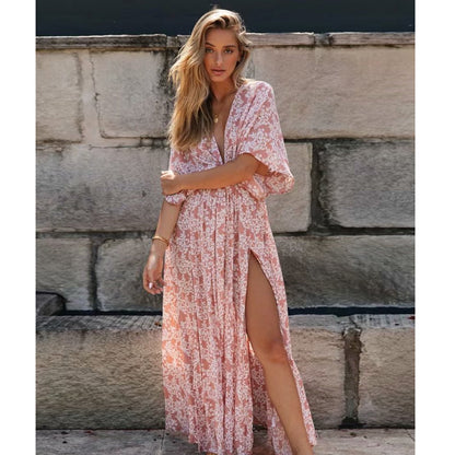Różowa Prochowa Boho Sukienka Maxi z Rozcięciem