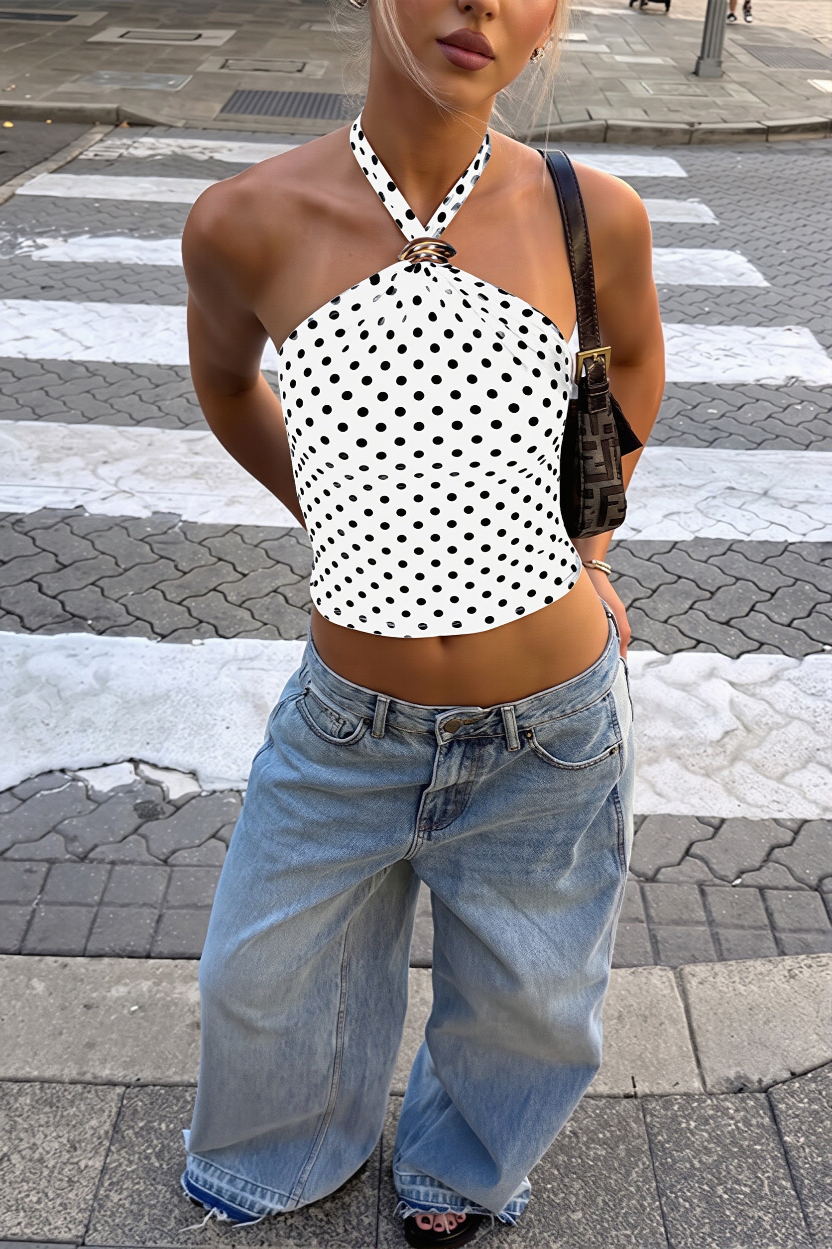 Damski top halter w siateczkę w groszki, pełny wygląd produktu