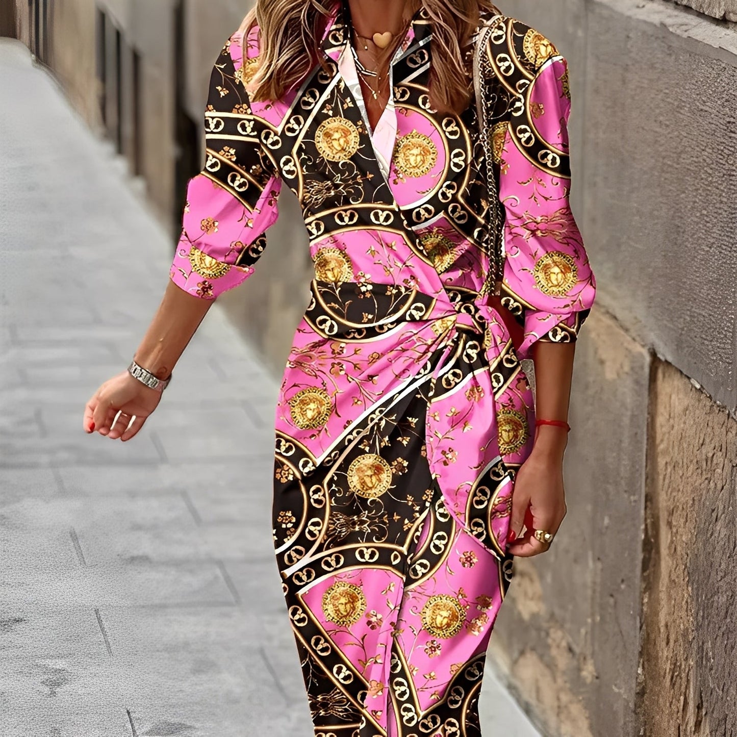 Géraldine - Sukienka kopertowa z nadrukiem elegancka dla kobiet