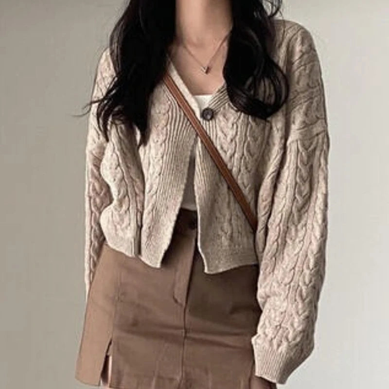 Damski vintage sweter z dzianiny warkoczowej z dekoltem w serek, luźny kardigan z dzianiny