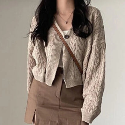 Damski vintage sweter z dzianiny warkoczowej z dekoltem w serek, luźny kardigan z dzianiny
