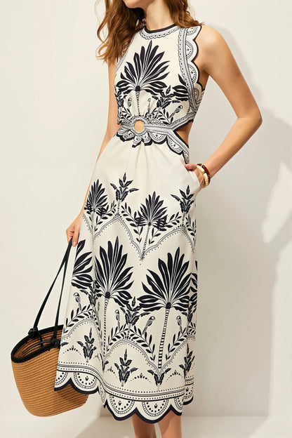 Damska sukienka maxi w kwiaty bez rękawów w stylu boho z przodu