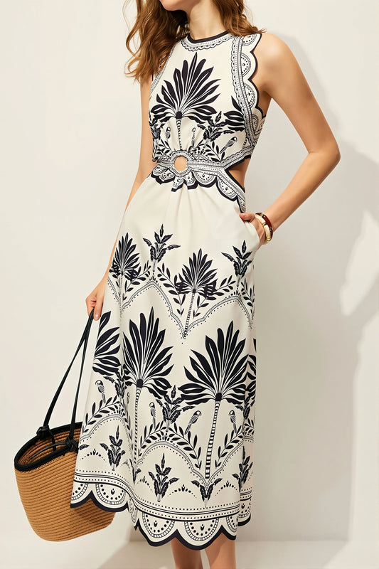 Damska sukienka maxi w kwiaty bez rękawów w stylu boho z przodu