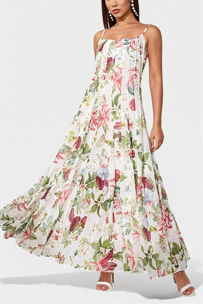 Damska sukienka maxi boho w kwiatowy print z cienkimi ramiączkami