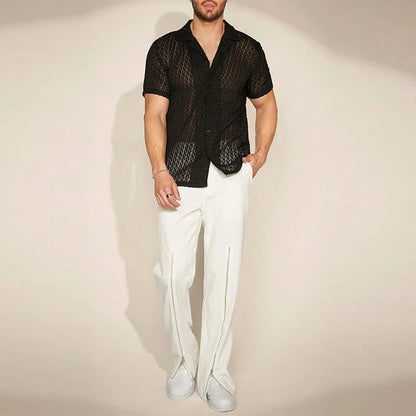 Męska siateczkowa koszula slim fit z krótkim rękawem czarna