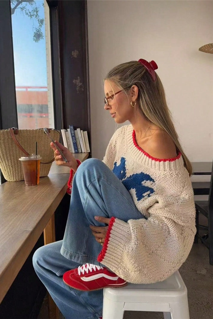 Sweter Dzianinowy Z Motywem Szczeniaka I Lamówką