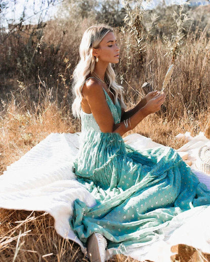 Boho chic zielona długa letnia sukienka