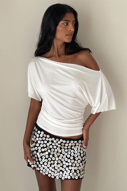 Damski top hiszpanka marszczony slim fit z odkrytymi ramionami