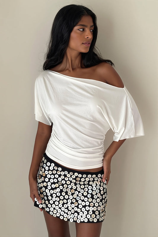 Damski top hiszpanka marszczony slim fit z odkrytymi ramionami