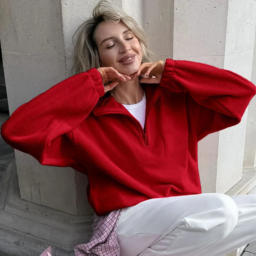 Damska bluza z polaru z kołnierzem typu stojak i zamkiem, luźna sweatshirt