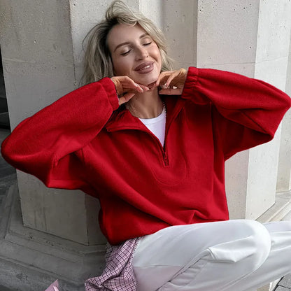 Damska bluza z polaru z kołnierzem typu stojak i zamkiem, luźna sweatshirt