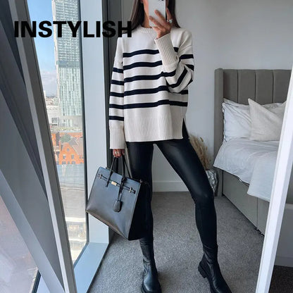 Damski Oversize Sweter z Dzianiny w Paski z Okrągłym Dekoltem